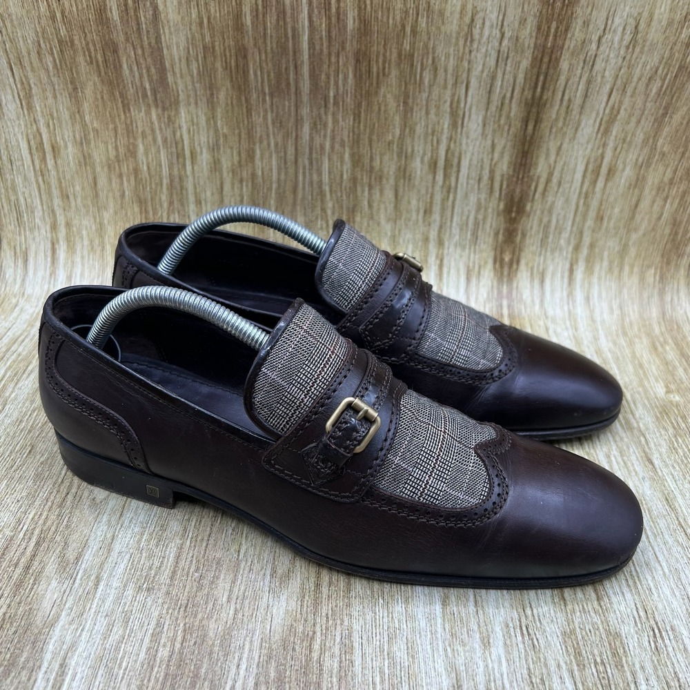 Louis Vuitton Plaid Monk Strap Loafers Men's Size 8 Brown Leather Brogue Casual